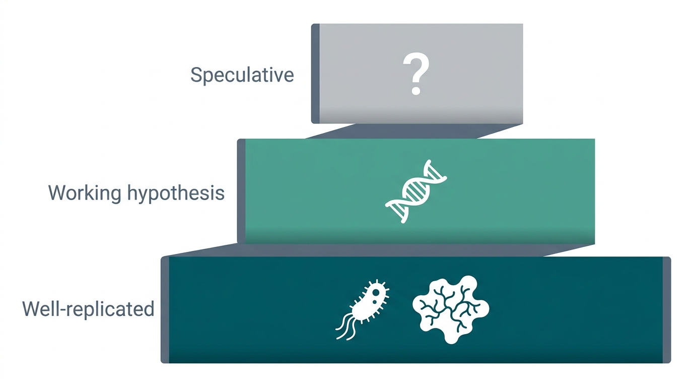Evidence quality hierarchy from solid through working hypothesis to speculative