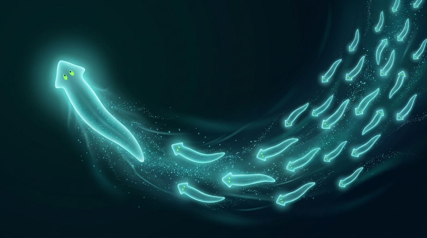 One glowing worm dividing into many, each one whole