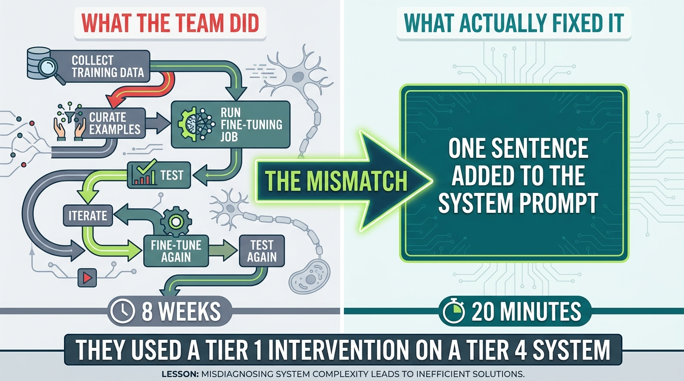 A split diagram. Left side labeled "What the team did" shows a long path through data curation, fine-tuning, testing, iteration. Right side labeled "What actually fixed it" shows a single box: one sentence in the system prompt. An arrow and label says "8 weeks vs 20 minutes."