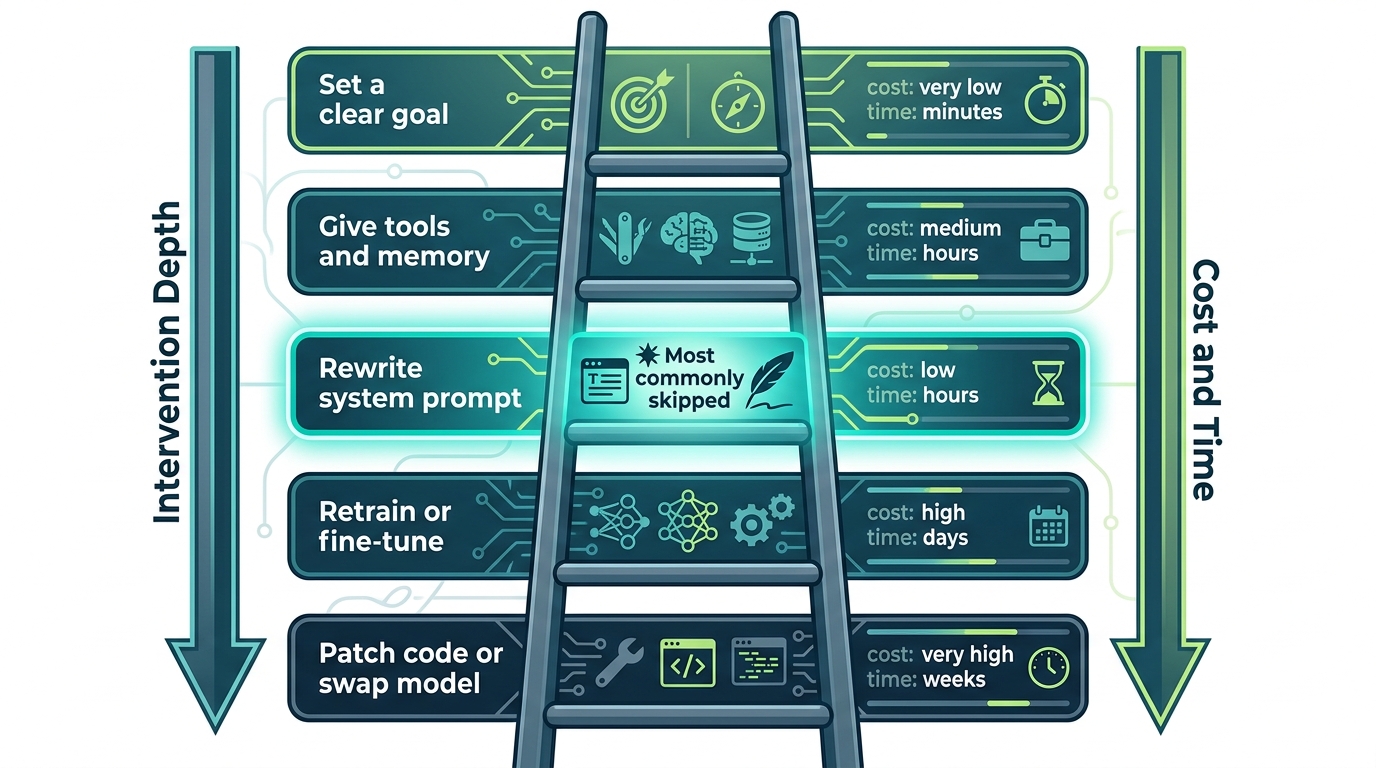 A vertical ladder with five rungs. From bottom to top: "Patch code / swap model," "Retrain or fine-tune," "Rewrite system prompt," "Give tools and memory," "Set a clear goal." Each rung is labeled with intervention depth (high at bottom, low at top) and cost (expensive at bottom, cheap at top).