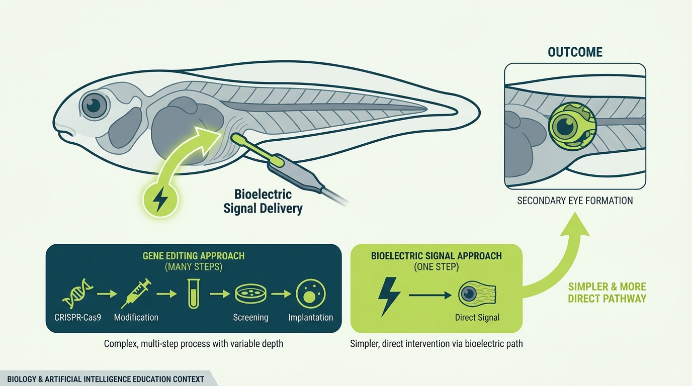 A schematic of a tadpole with a small electrode delivering a signal to flank tissue. An arrow leads to the outcome — a secondary eye forming in an unexpected location. Labels compare gene-editing depth vs signal depth.