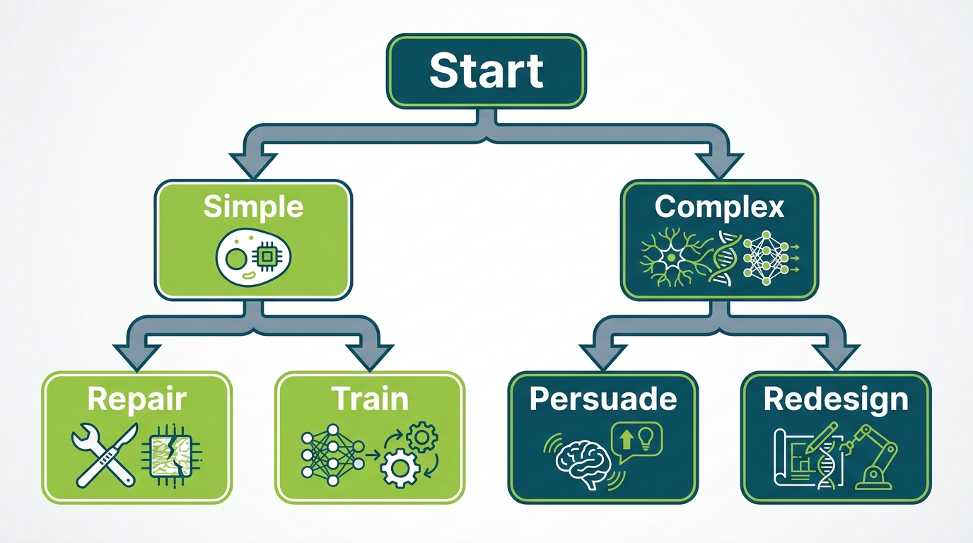 A decision tree. First node: "Can the system produce different outputs for the same input?" No → Tier 1. Yes → second node: "Does it maintain state across time?" No → Tier 2. Yes → third node: "Can it generalize from examples it hasn't seen?" No → Tier 3 edge. Yes → fourth node: "Can it represent and reason about goals?" No → Tier 3. Yes → Tier 4.
