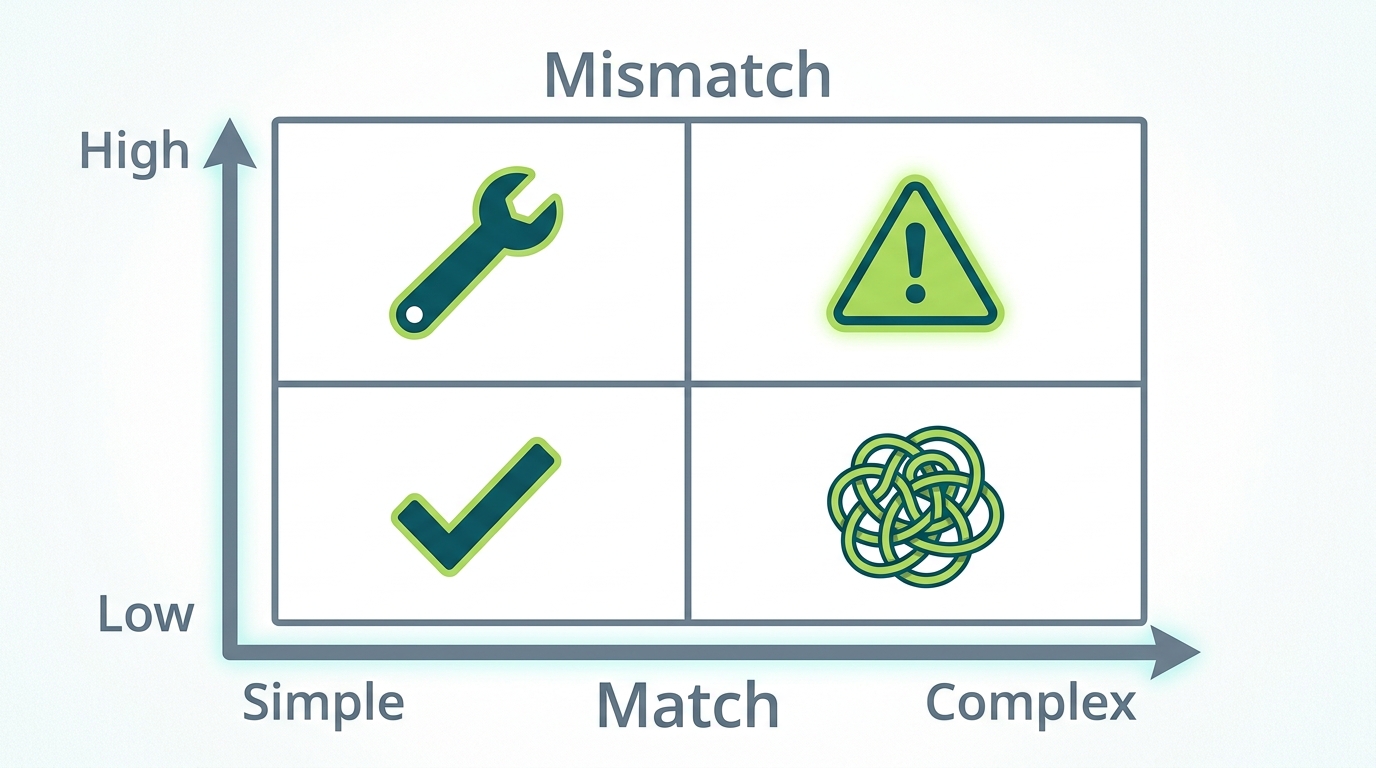 A 2x2 matrix. X-axis: "Intervention Type" — Mechanistic (left) to Persuasive (right). Y-axis: "System's Actual Tier" — Low (bottom) to High (top). Top-left cell labeled "You're doing all the work." Bottom-right cell labeled "Magical thinking." Diagonal cells labeled "Match."