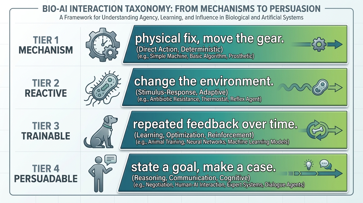 Four stacked horizontal rows, each labeled with a tier name and icon. Tier 1 shows a clock gear, Tier 2 a bacterium, Tier 3 a dog, Tier 4 a human. Each row has a brief description and intervention type.