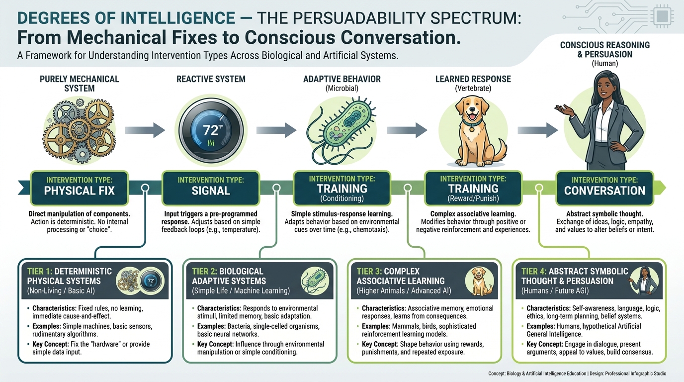 A horizontal spectrum from "zero agency" on the left to "full agency" on the right, with a clock, thermostat, single cell, trained dog, and human placed along it. Each position is labeled with its matching intervention type — physical fix, signal, training, conversation.