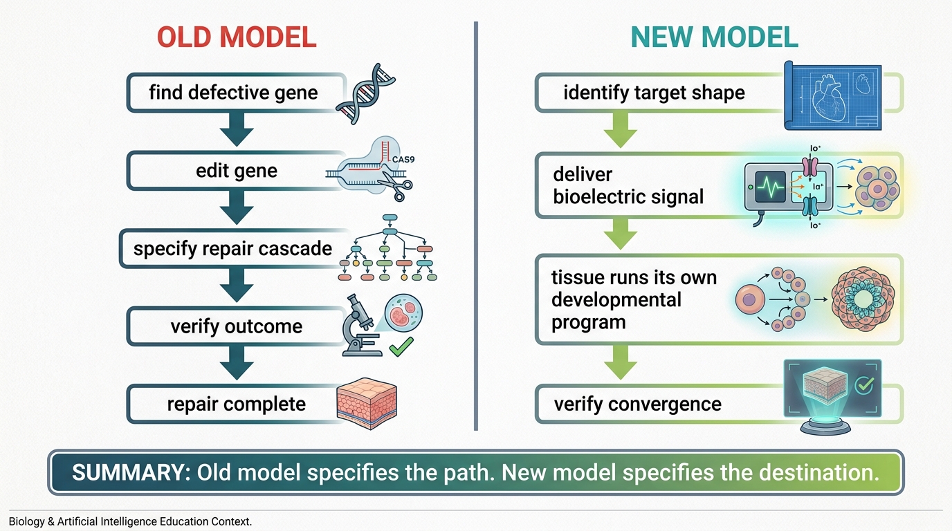A two-column flowchart comparing "Old Model" and "New Model." Old Model: find defective gene → edit gene → specify repair cascade → verify outcome. New Model: identify target shape → deliver bioelectric signal → tissue runs its own program → verify convergence.
