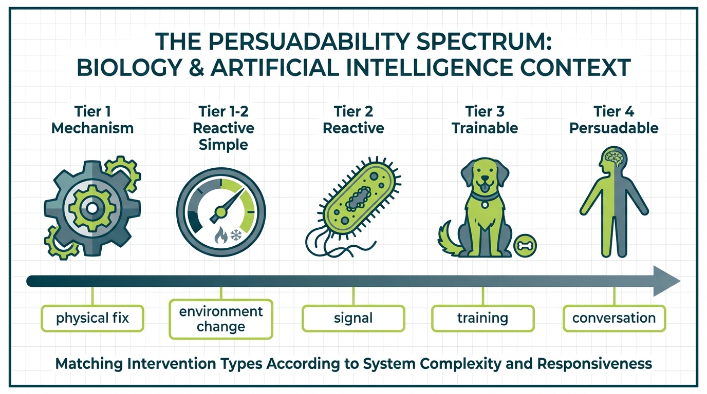 A labeled horizontal continuum from a mechanical gear on the left to a human figure on the right, with icons for thermostat, bacterium, trained dog placed in between. Below each icon, a label names the intervention type.