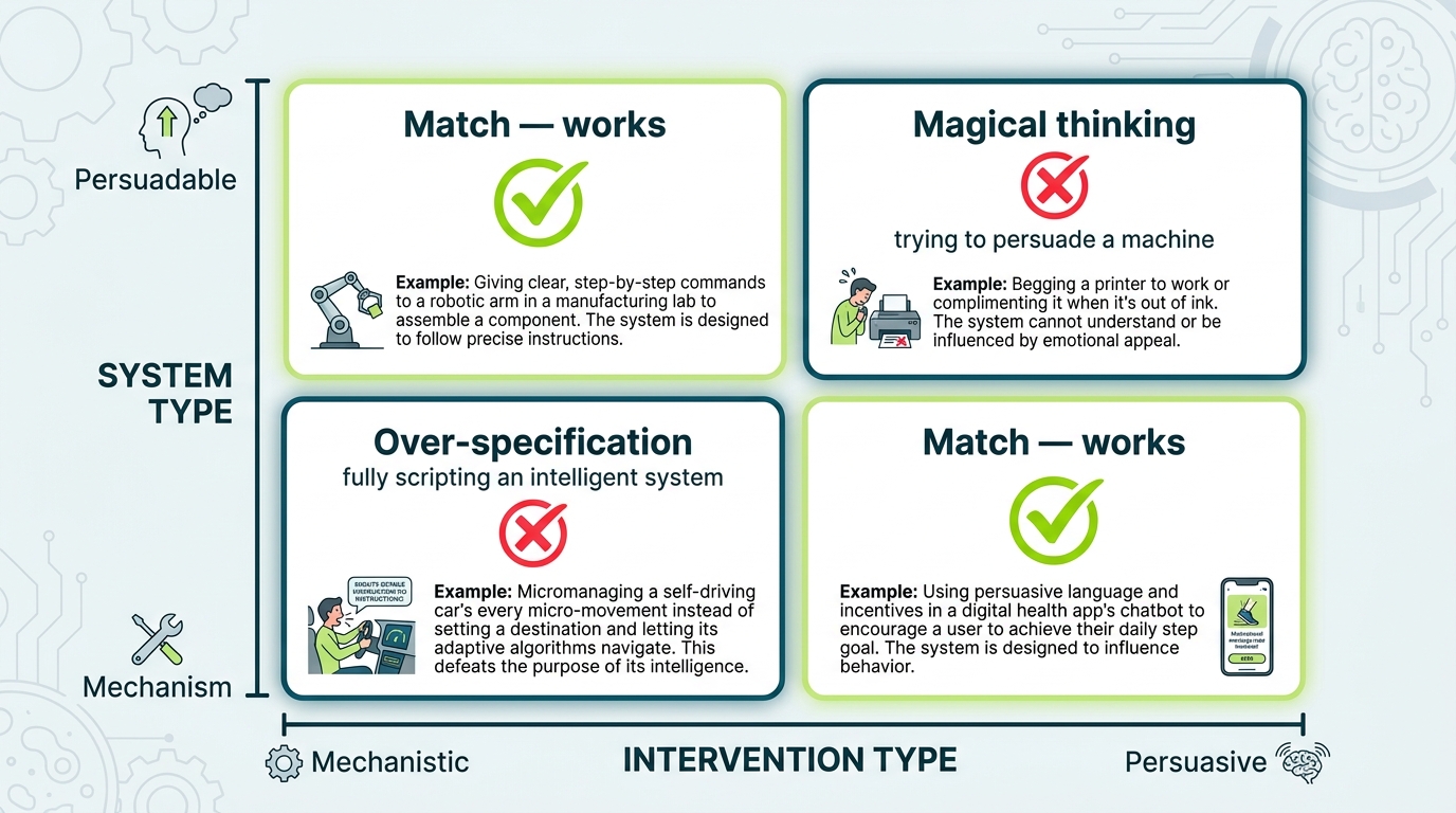 A 2x2 matrix with "Intervention Type" on the x-axis (Mechanistic / Persuasive) and "System Type" on the y-axis (Mechanism / Persuadable). The top-left and bottom-right cells are labeled "Match — works." The top-right cell says "Magical thinking." The bottom-left cell says "Over-specification."