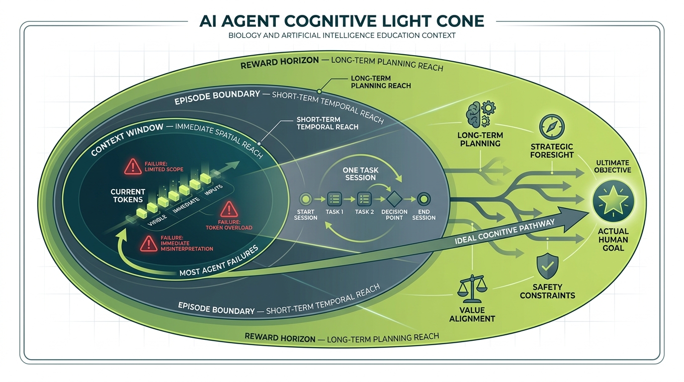 Nested diagram showing an AI agent's three light cone layers: innermost is the context window as immediate spatial reach, middle is the episode boundary as short-term temporal reach, outer is the reward horizon as long-term planning reach.