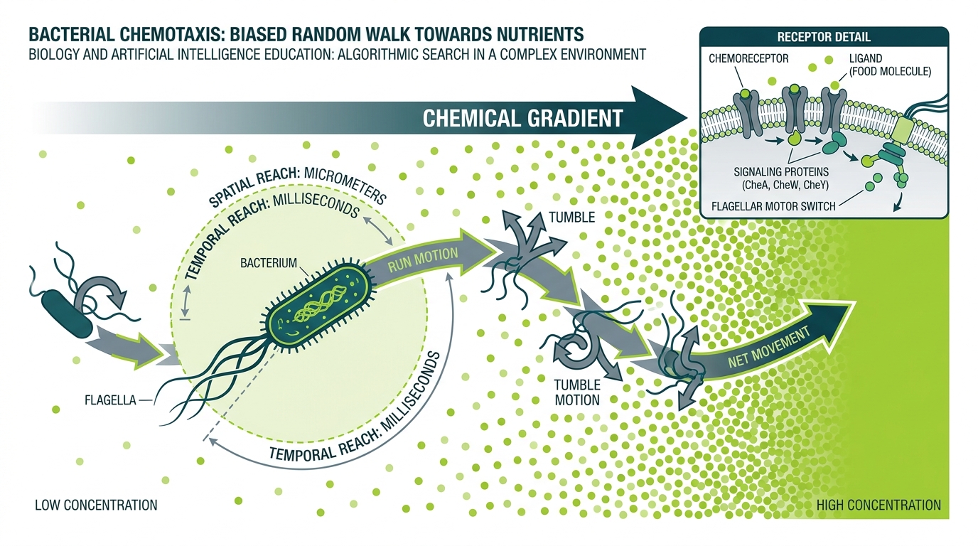 Diagram of a bacterium performing chemotaxis, showing tumbling and swimming motions in response to a chemical gradient. Labels indicate spatial reach of micrometers and temporal reach of milliseconds.