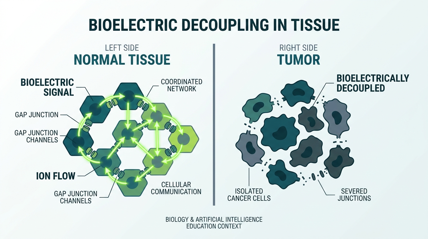 Schematic showing normal tissue cells connected by gap junctions with bioelectric signals flowing between them, compared to tumor cells isolated from the network with no signal flow.