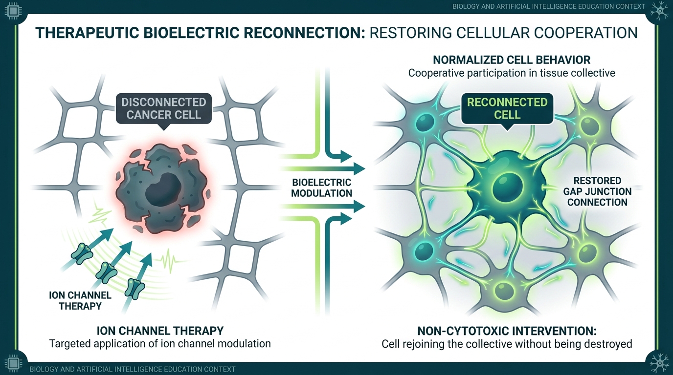 Diagram showing cancer cells being therapeutically reconnected to the surrounding tissue bioelectric network, with ion channel signals restored and cells returning to cooperative behavior.