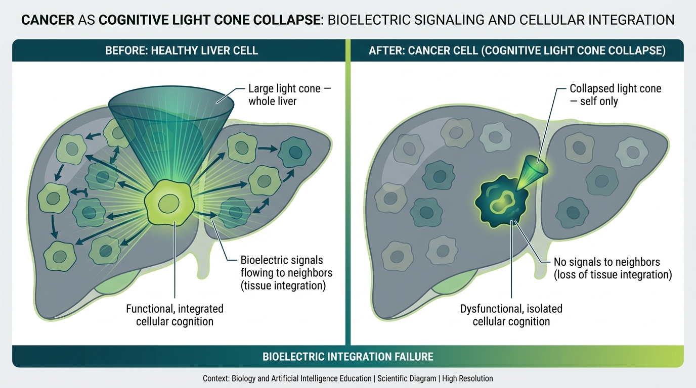 Before and after diagram showing a liver cell with a large cognitive light cone encompassing the whole organ on the left, and a cancer cell on the right with a tiny cone encompassing only itself.
