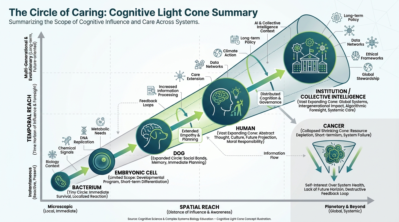 Infographic overview of the cognitive light cone — two axes of spatial and temporal reach, a ladder from bacterium to institution, and cancer shown as a collapsed cone.