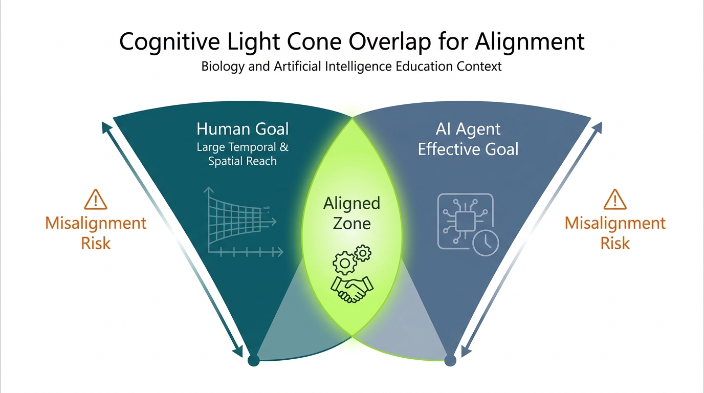 Venn diagram showing two overlapping light cones — one for the human goal and one for the AI agent — with the overlapping region in lime green labeled the Aligned Zone and non-overlapping regions labeled Misalignment Risk.