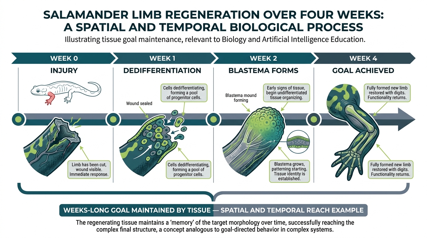 A four-stage timeline showing salamander limb regeneration from injury through dedifferentiation, blastema formation, and full restoration over four weeks.