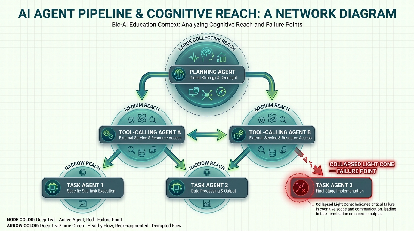 Network diagram of multiple AI agents in a pipeline, each with their own light cone. A planning agent with a large cone coordinates tool-calling agents with medium cones and task agents with small cones. One agent has a collapsed cone highlighted as a failure point.