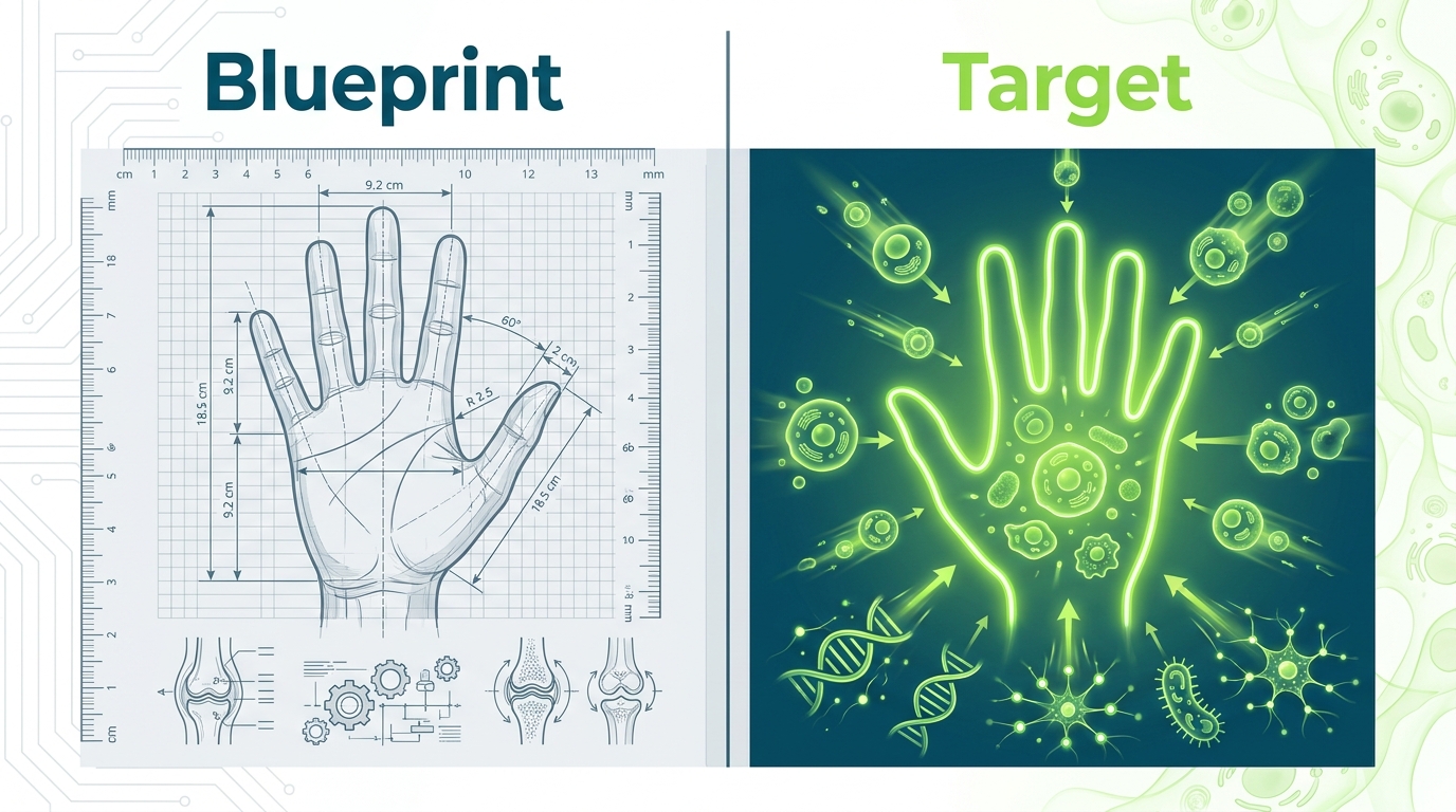 Side-by-side comparison: blueprint model with rigid position specifications that fails when cell size changes, versus target model where multiple paths reach the same outcome.