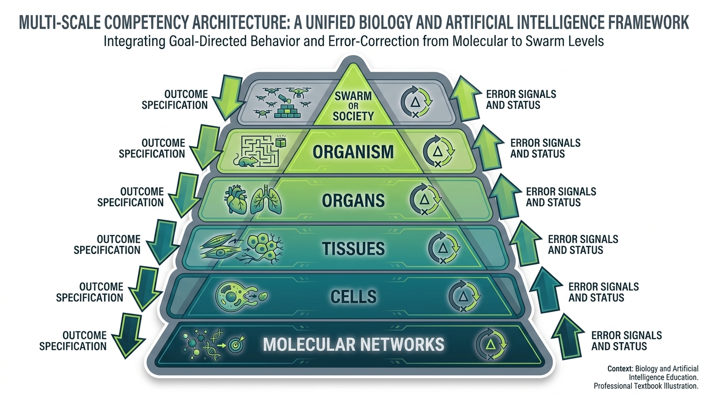 Vertical pyramid showing the multi-scale competency stack: molecular networks, cells, tissues, organs, organism, swarm or society — each level goal-directed and error-correcting.