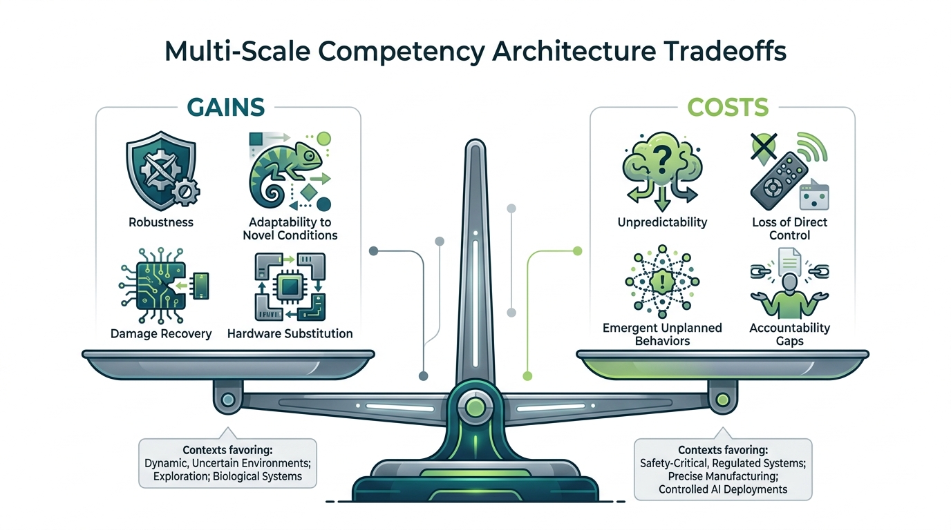 Balance scale showing MCA gains on the left — robustness, adaptability, damage recovery — and MCA costs on the right — unpredictability, loss of direct control, emergent behaviors not planned for.