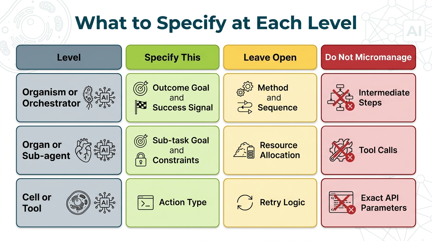 Design rubric table showing what to specify and what to leave open at each level — orchestrator, sub-agent, and tool — color coded for specify, optional, and do not micromanage.