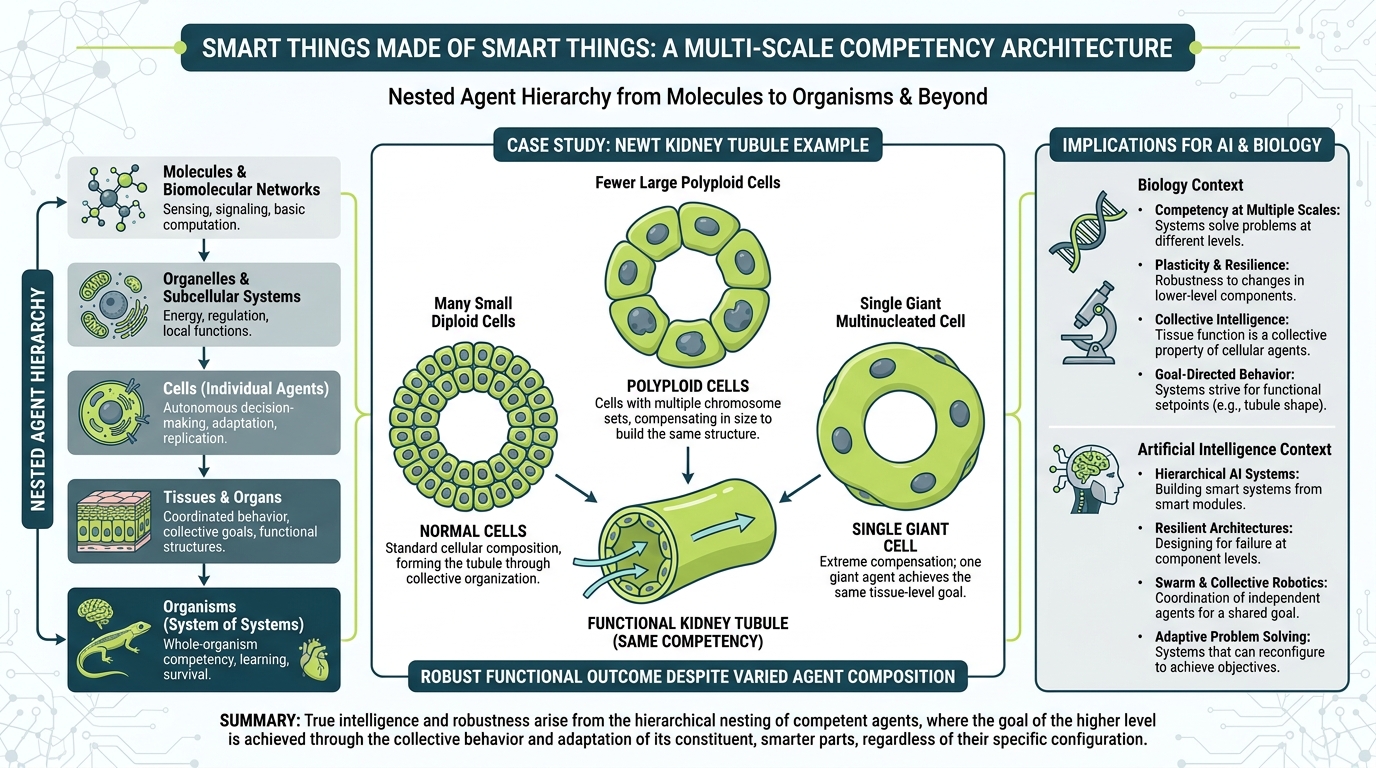 Chapter overview infographic showing multi-scale competency architecture from molecules to organisms, with the newt tubule example and AI agent parallels.