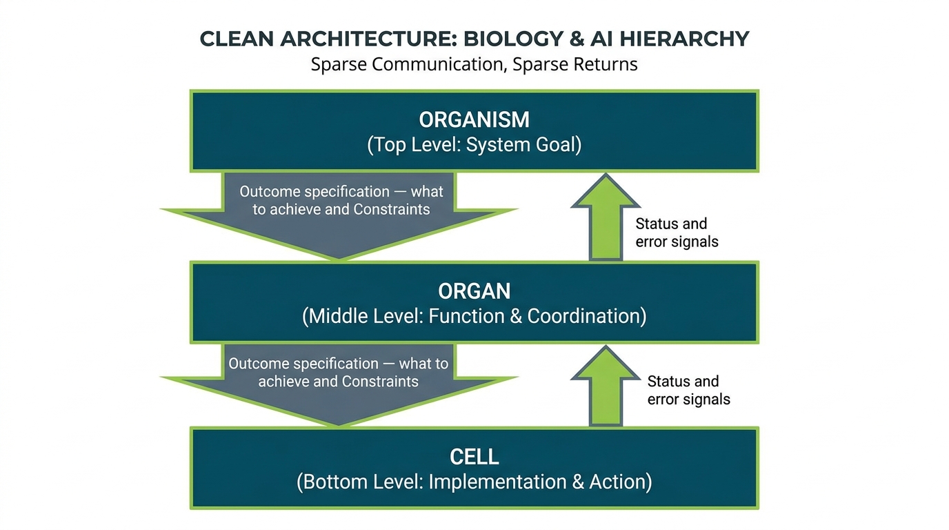 Diagram showing outcome specification flowing downward through hierarchy levels, and status and constraint signals flowing upward — no micromanagement arrows cross more than one level.