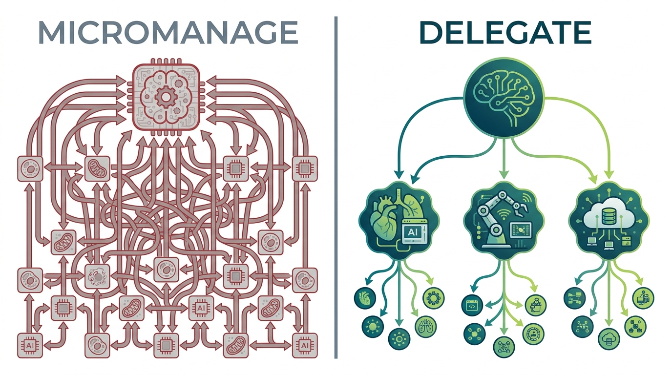 Two management approaches compared — micromanagement on left with cascading failures when conditions change, delegation on right with flexible adaptation to the same conditions.