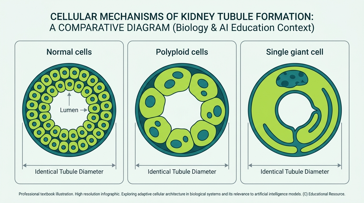 Three-panel diagram comparing normal-celled, polyploid-celled, and single-giant-celled newt kidney tubules all producing the same diameter lumen.
