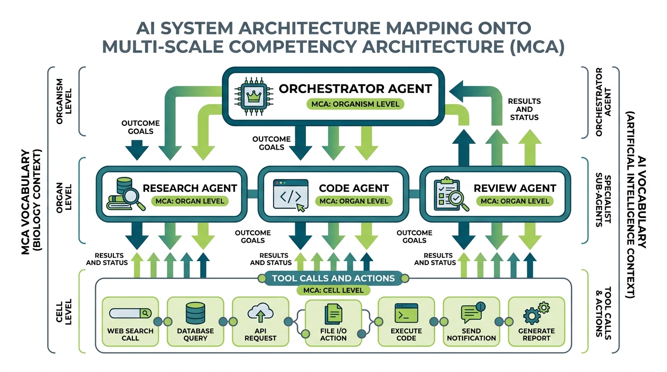 AI architecture diagram mapping orchestrator and sub-agents onto MCA levels, with outcome goals flowing down and results flowing up — mirroring biological hierarchy.