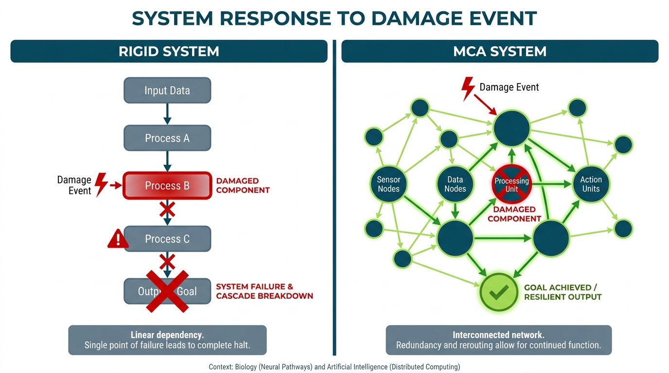 Comparison of a rigid designed system failing completely when one component is damaged versus an MCA system rerouting around the same damage to still achieve its goal.