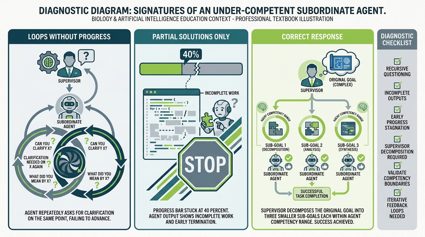 Three diagnostic panels showing signatures of an under-competent subordinate agent — looping without progress, partial solutions, and the correct response of decomposing the goal further.