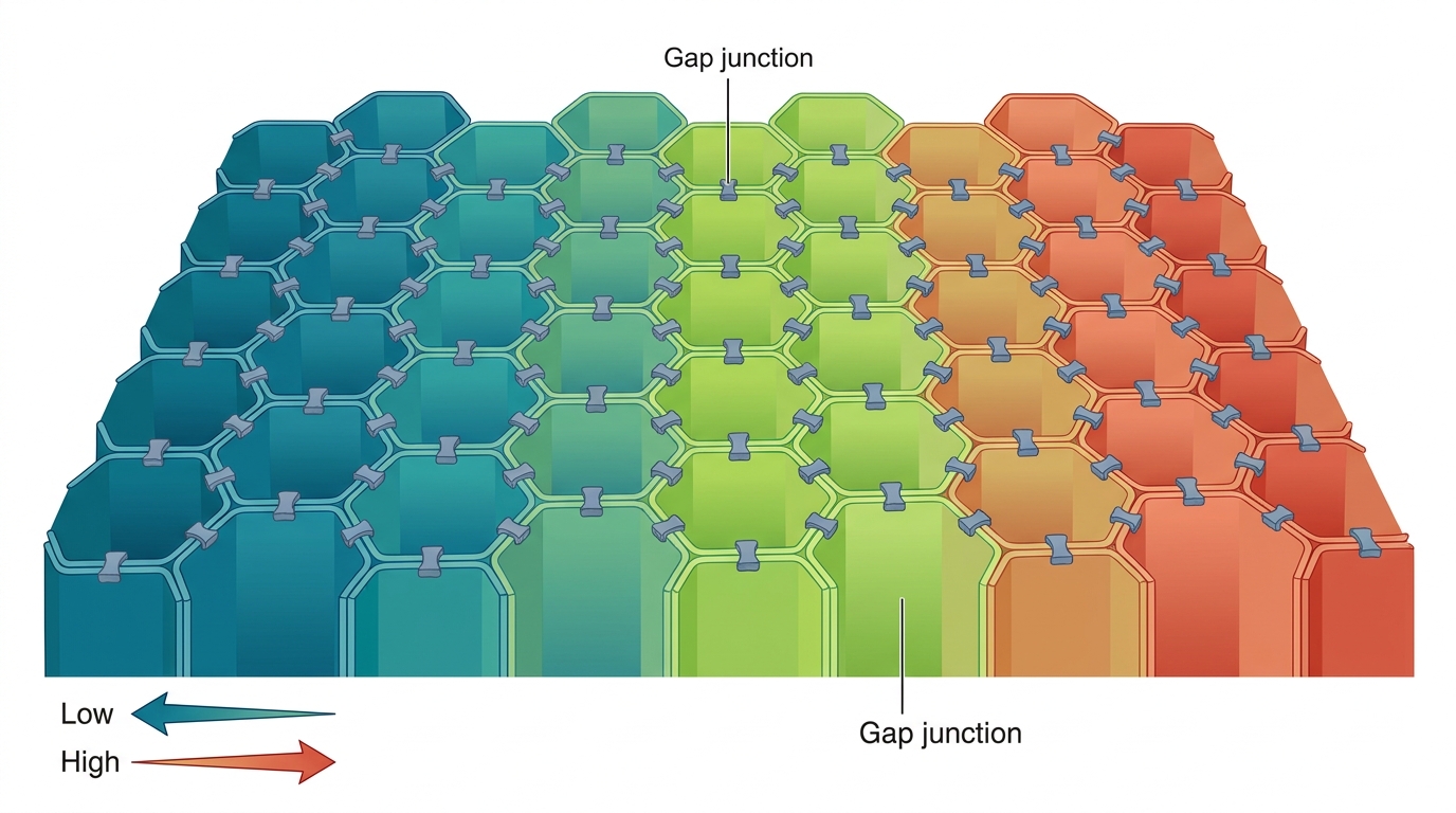 A tissue surface showing cells with varying membrane voltages color-coded from blue (low) to red (high), forming a gradient pattern. Gap junction connections between cells shown as small bridges.
