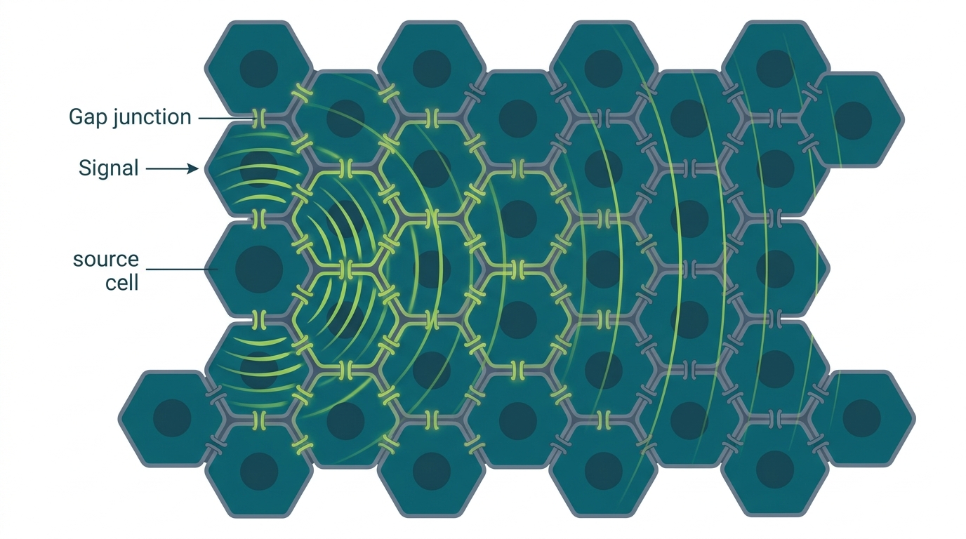A network diagram showing cells as nodes connected by gap junctions as edges, with electrical signals flowing between them. The overall pattern forms a tissue-wide communication grid.