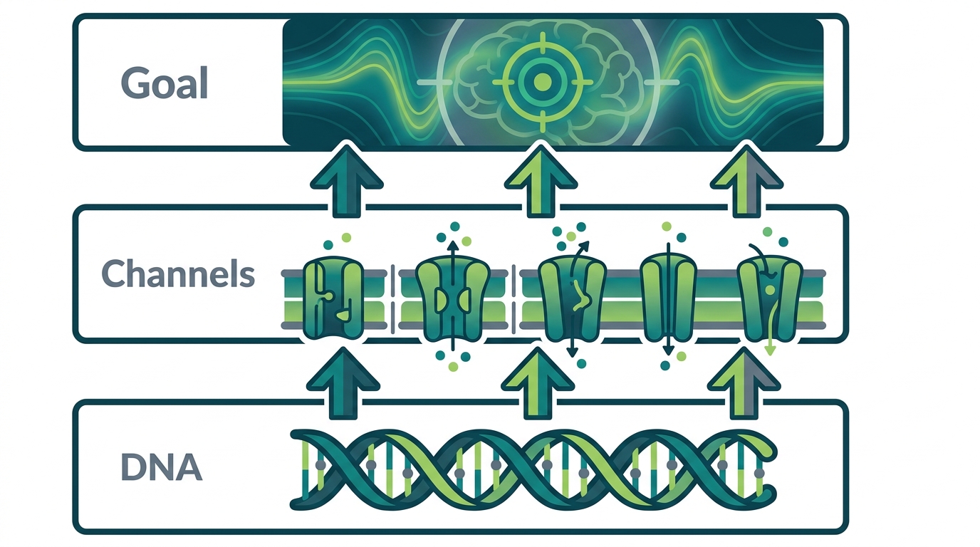 Layered diagram with DNA at the bottom labeled Hardware, above it a layer of ion channels and gap junctions labeled Infrastructure, and above that a voltage pattern map labeled Goal. Arrows show the genome builds the hardware but the pattern is what stores the target.