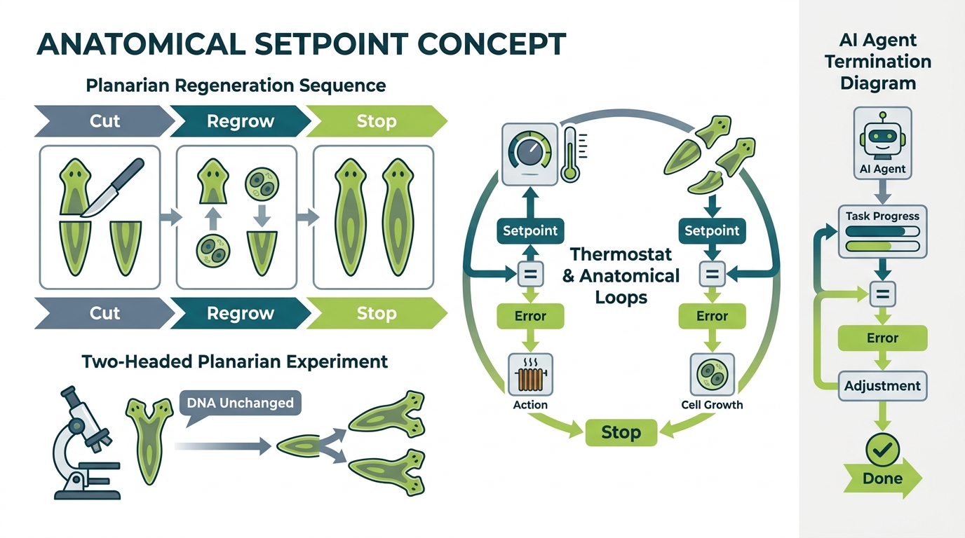 Chapter overview infographic showing the anatomical setpoint concept — planarian regeneration sequence, bioelectric memory layer, the two-headed planarian experiment, and AI termination criteria as setpoints.