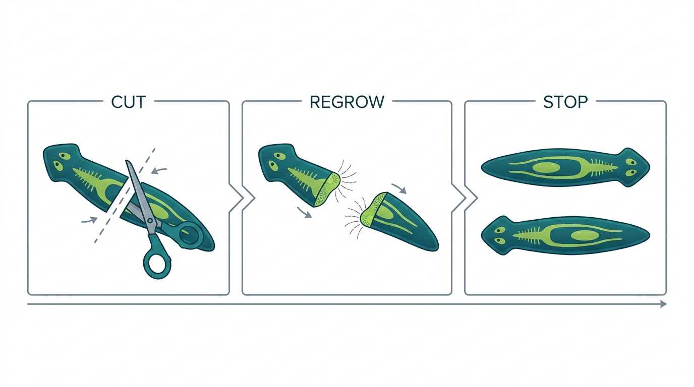 Three-panel sequence showing a planarian flatworm being cut, then both pieces regrowing into complete worms of correct proportions, then both halves stopped at completion.