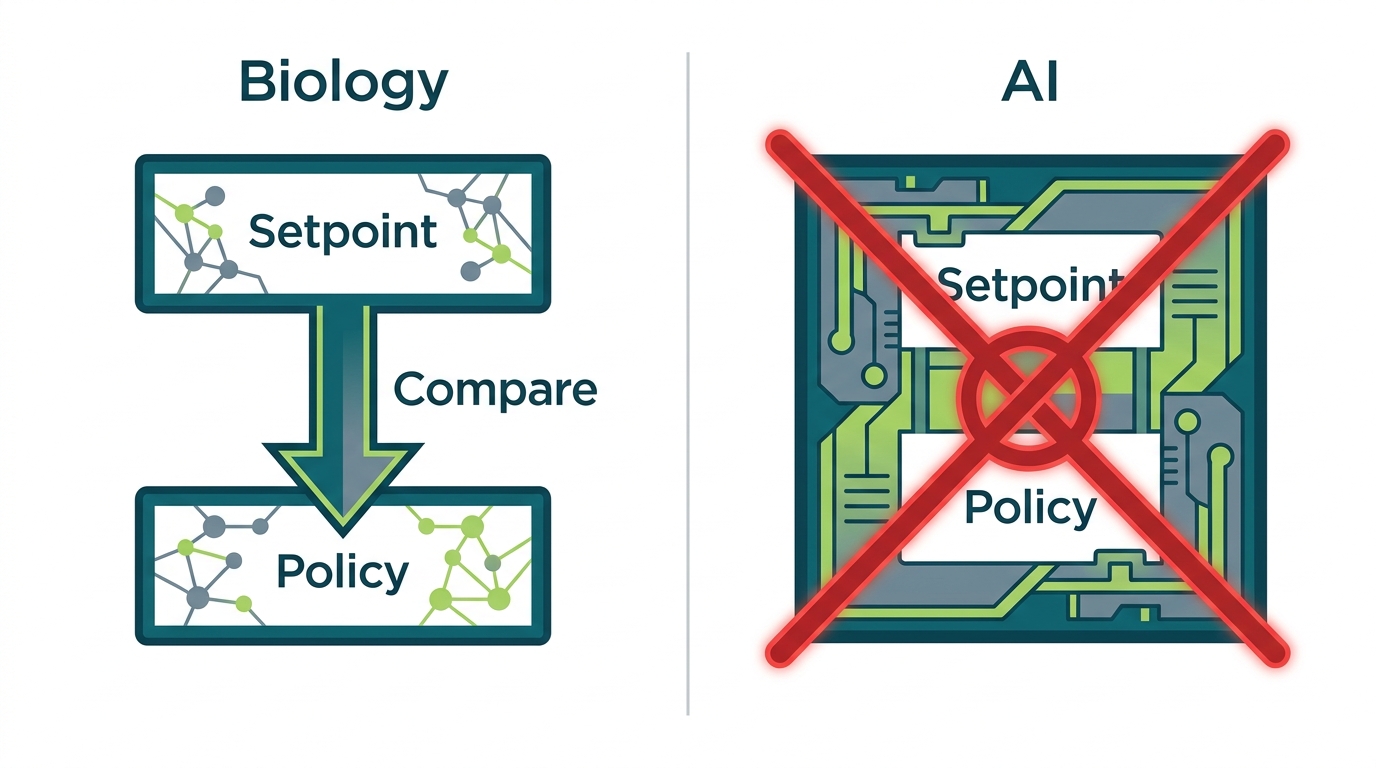 Two layered architecture diagrams. Left labeled Biology — Bioelectric Setpoint layer on top, Cell Behavior Policy layer below, arrow between them labeled Compare. Right labeled AI — combined single layer where target and behavior are merged, with a red X and label Cannot Edit Separately.