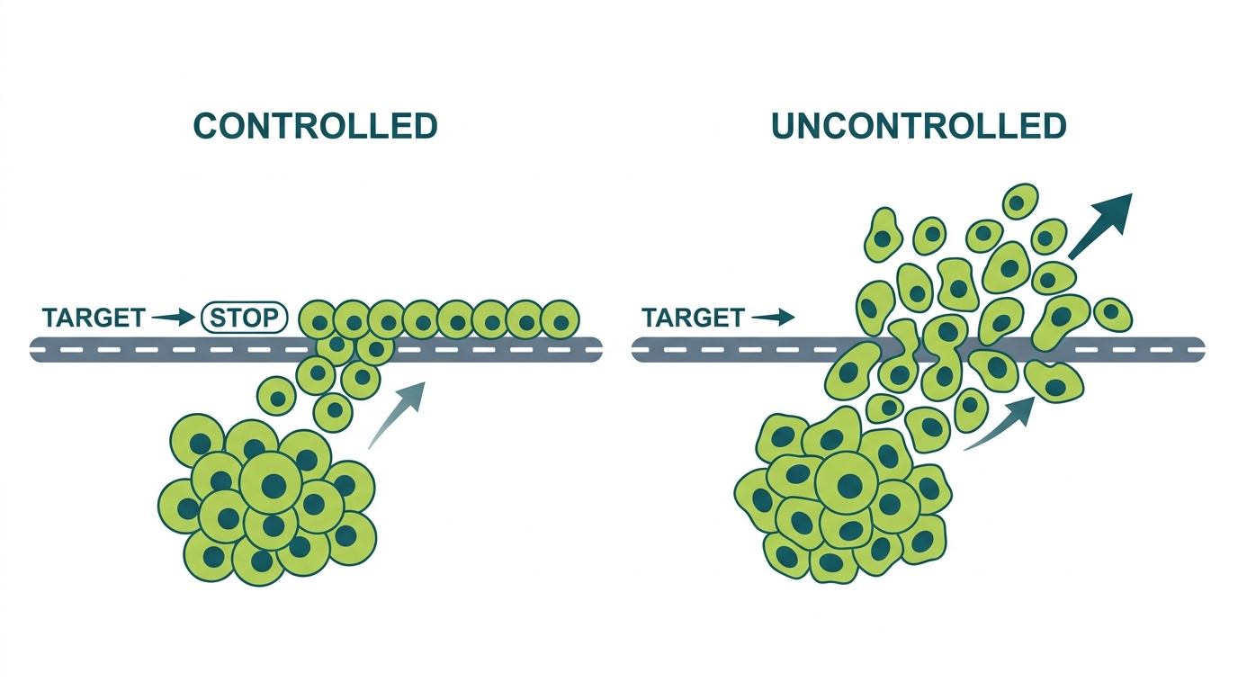 Two side-by-side panels — left shows controlled regeneration that stops at the correct endpoint, right shows uncontrolled growth that keeps expanding past it. The word Stop appears at the correct endpoint on the left.