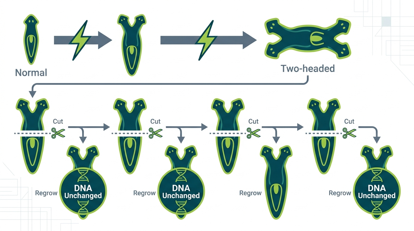 Diagram showing a normal planarian, then a two-headed planarian created by bioelectric intervention, then successive cuts and regenerations all producing two-headed worms. A label reads DNA Unchanged at each step.