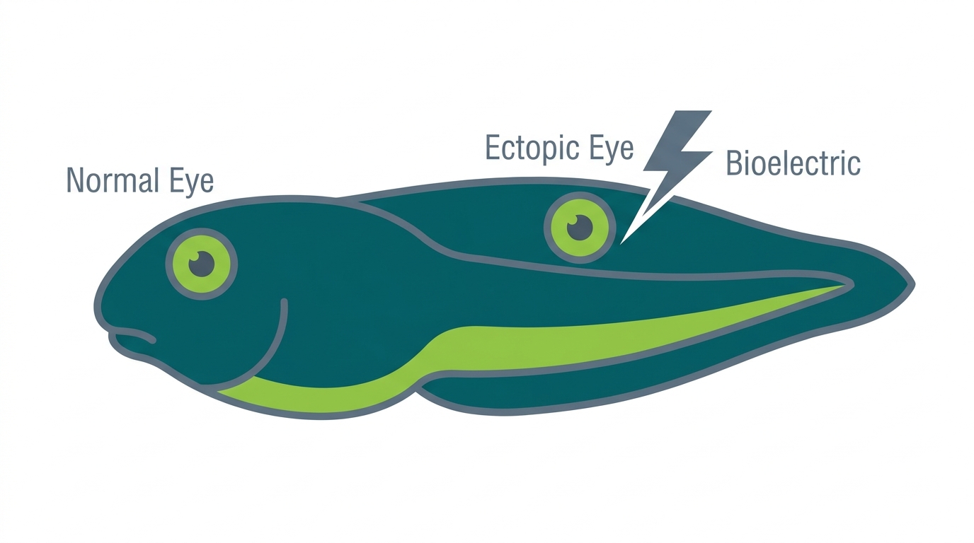 A frog tadpole diagram showing normal eye position on the face and an ectopic eye induced on the tail region. Labels: Normal Eye, Ectopic Eye, Bioelectric Induction.