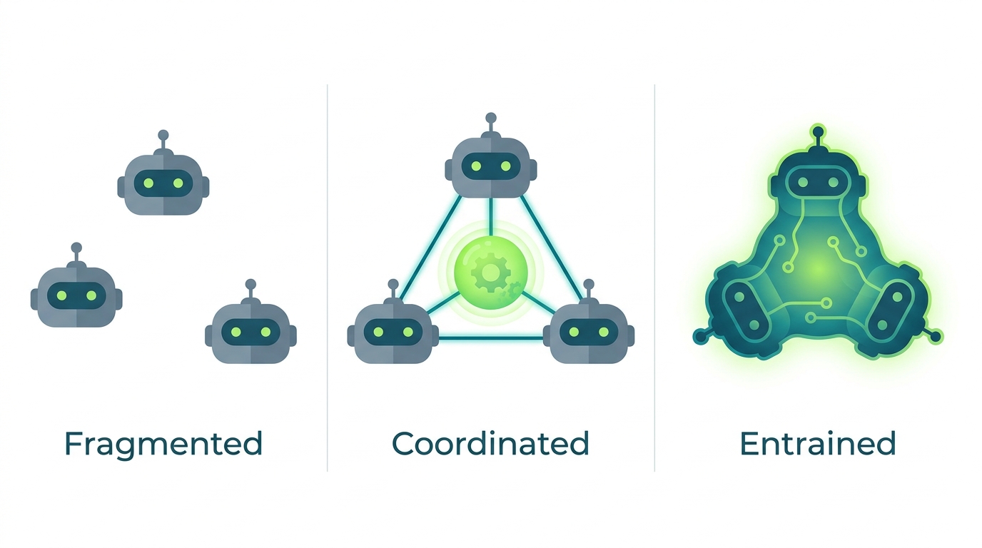 Three AI agent team configurations — isolated agents with no shared state, shared memory team, and fully fused state — labeled Fragmented, Coordinated, and Entrained.