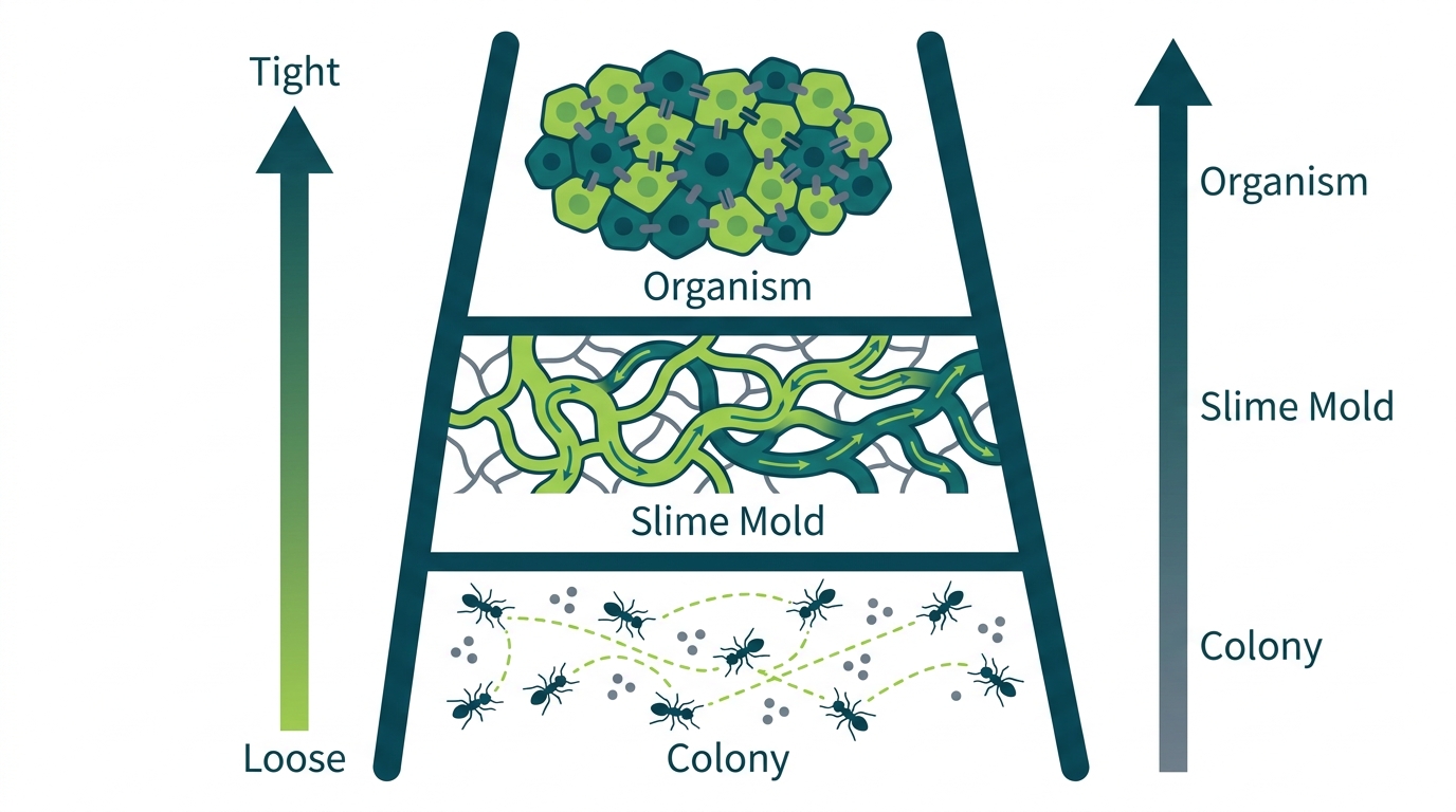 Vertical ladder showing colony at bottom, slime mold in middle, and organism at top — with coupling strength and individuality increasing upward.