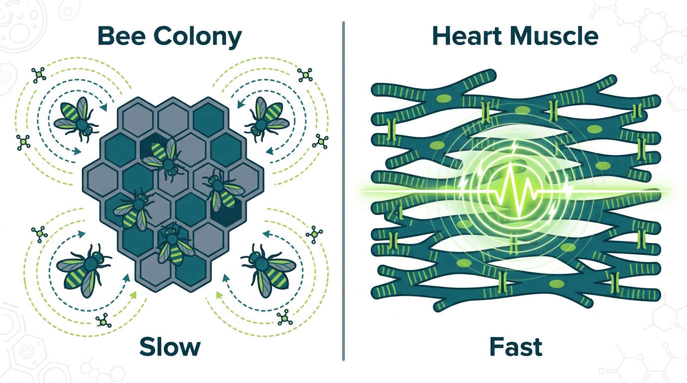 Side-by-side comparison of a bee colony communicating through pheromones versus heart muscle cells coupled by gap junctions — showing the difference in coupling speed and tightness of individuality.