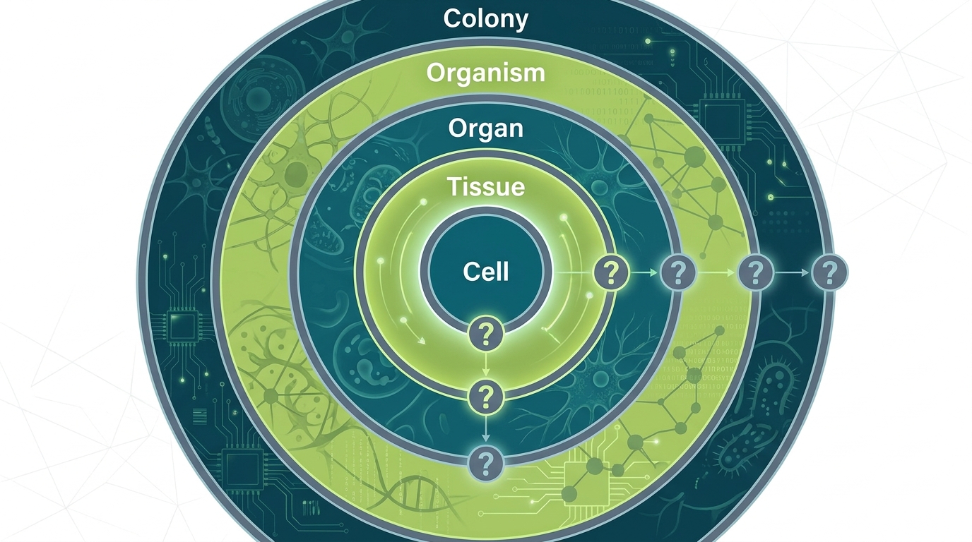Nested circles showing candidate boundaries for selfhood — cell, tissue, organ, organism, colony — with question marks at each boundary.
