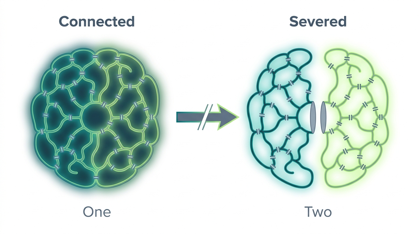 Single organism on the left connected by gap junctions, then the same organism split into two separate agents after severing — labeled Connected and Severed.
