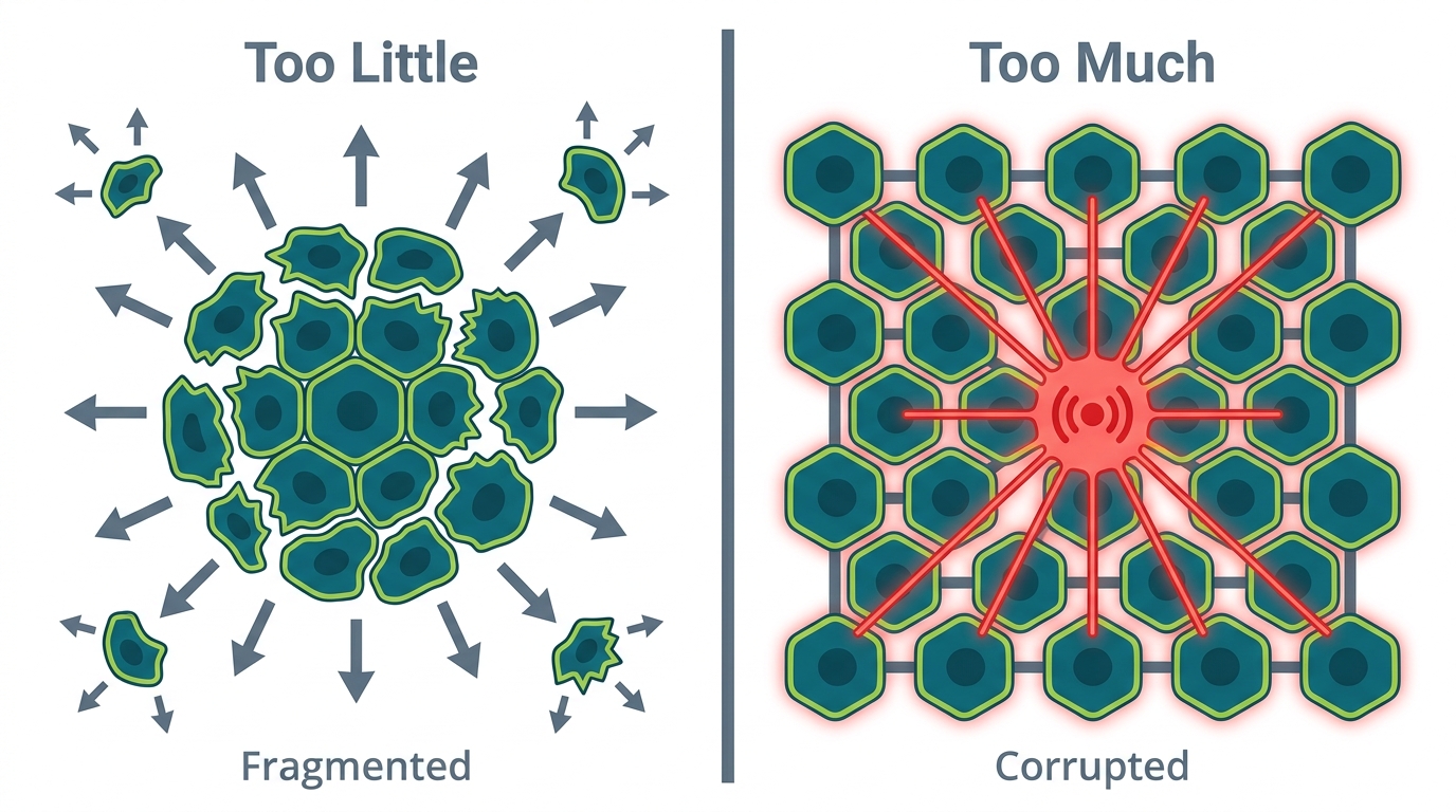 Two panels showing failure modes — left panel shows fragmentation from too little coupling, right panel shows global failure from too much coupling.