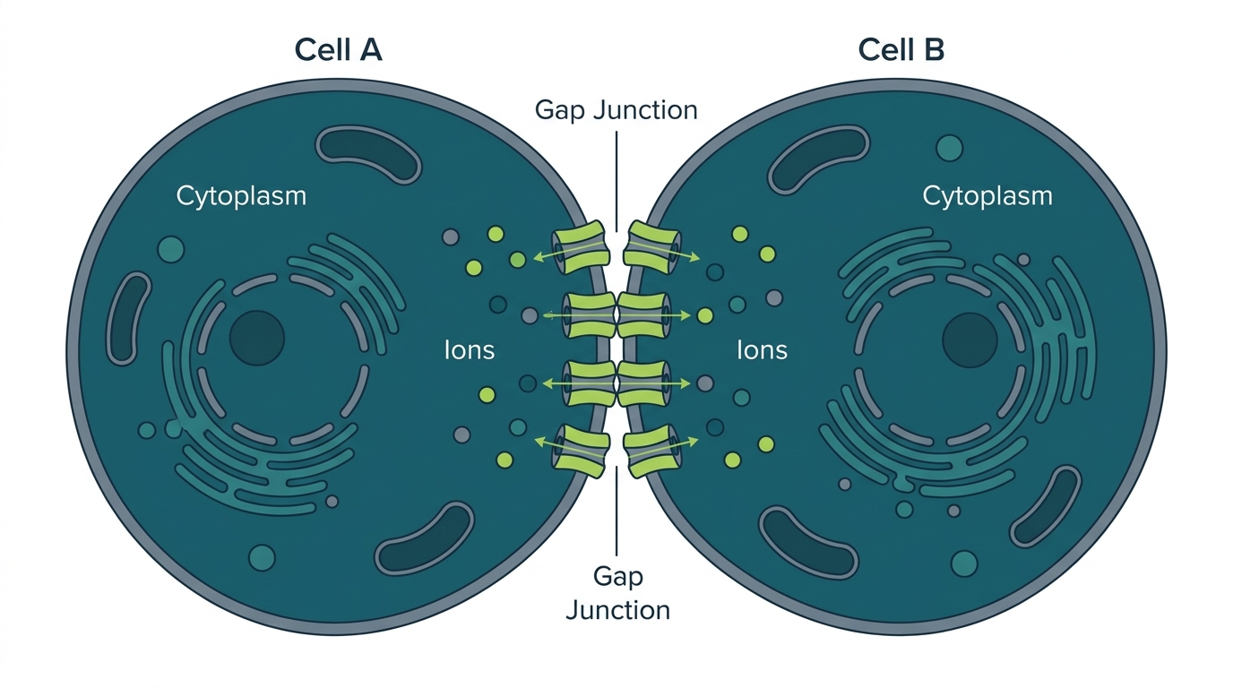 Cross-section of two cells connected by gap junction channels — showing ions and small molecules passing directly from cytoplasm to cytoplasm.