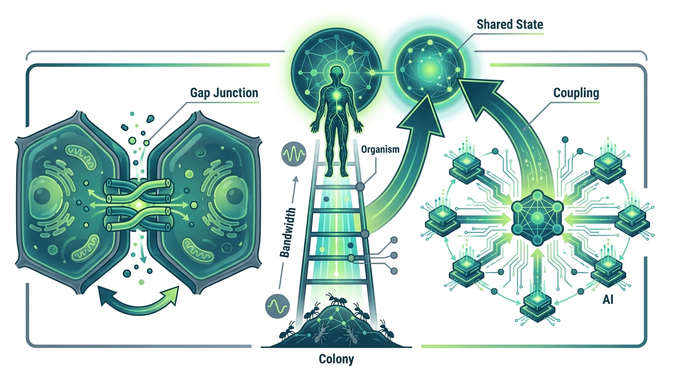 Chapter overview infographic for Glue — showing gap junctions connecting cells, the bandwidth ladder from colony to organism, and the AI multi-agent parallel.