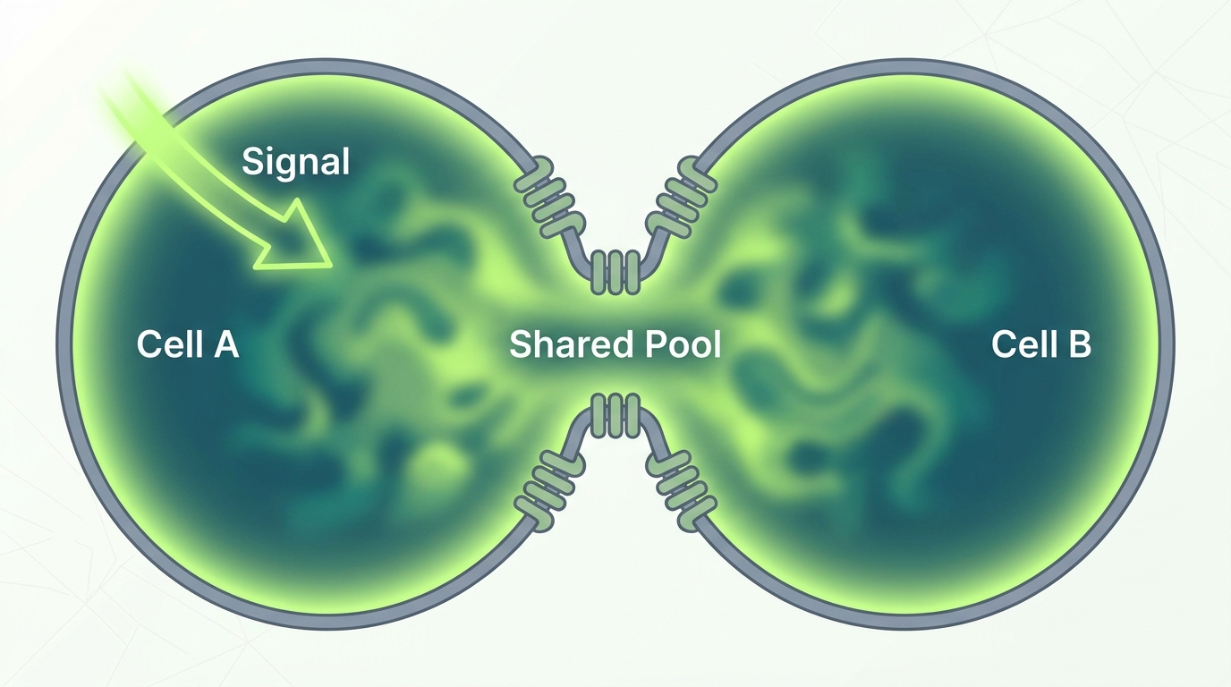 Two cells sharing a central memory pool through gap junctions — a signal enters one cell and cannot be traced to its origin once mixed.